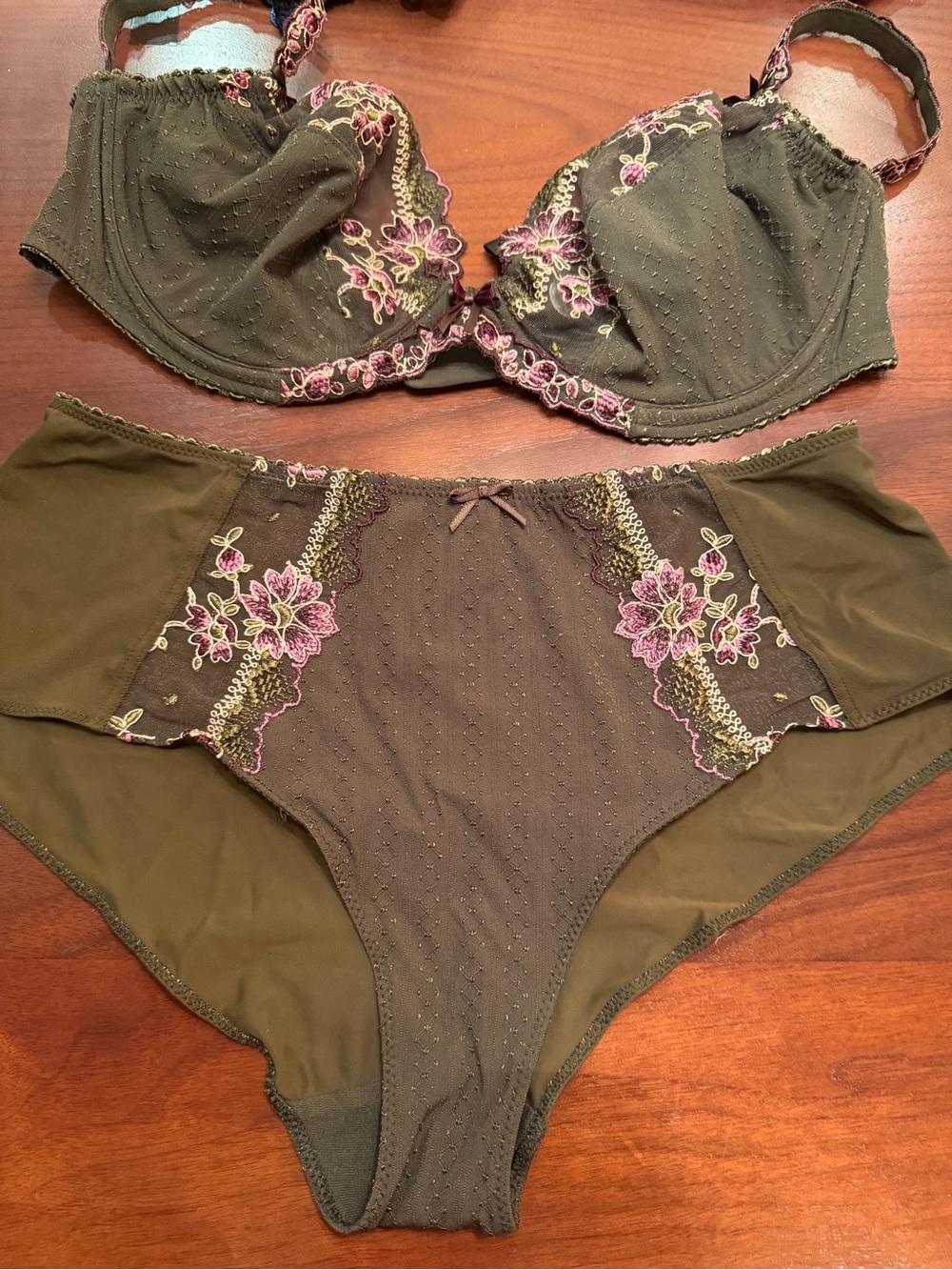 Contourelle Olive Green Bra and Brief Set with Pink Floral Embroidery